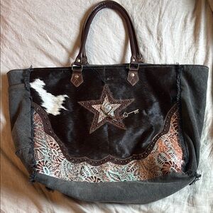 Myra Bag Brown and Black Western Tote with Star Embellishment